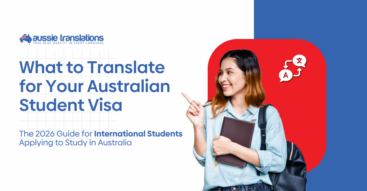 International student holding books and pointing upward, with translation icons, promoting the Aussie Translations 2026 student visa translation guide